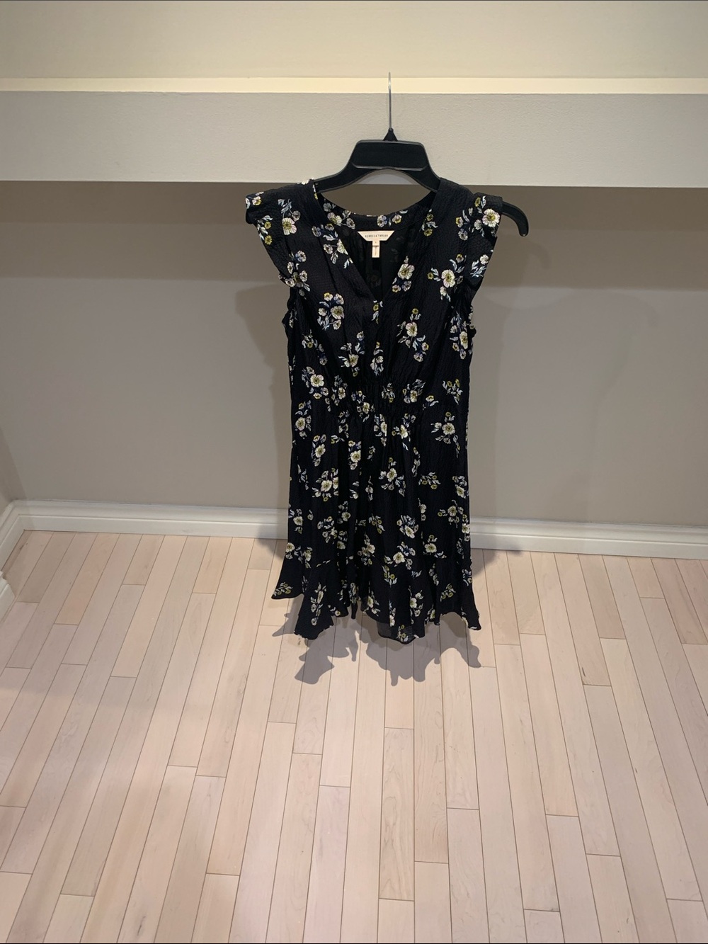 Rebecca Taylor Black Floral Silk V-Neck Ruffle Dress